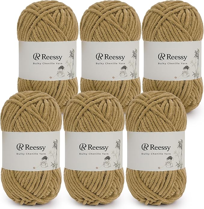 Bulky Chenille Yarn for Crocheting – 6 Pack of 50g/1.76oz Skeins, Pure Polyester, CYC #5 Bulky Weight – Ultra Soft Chenille Yarn Pack for Crafting Plush Toys, Blankets, Scarves(Mocha Cream)
