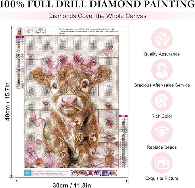 Yezavesu Highland Cow Diamond Art Kits for Adults, Cute Pink Cow 5D Diamond Painting Kit for Beginners, DIY Round Full Drill Painting with Gem Art Craft Kits for Home Wall Decor 12x 16 Inch