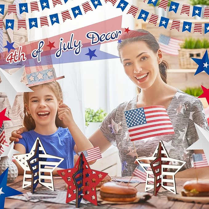 Huwena 36 Pcs Patriotic Crafts Set 24 Wood Stars for Crafts 4th of July 3D Star Cutouts with 12 Colored Pens Memorial Day Unfinished Wooden Slices to Paint for Independence Day Tiered Tray Decor