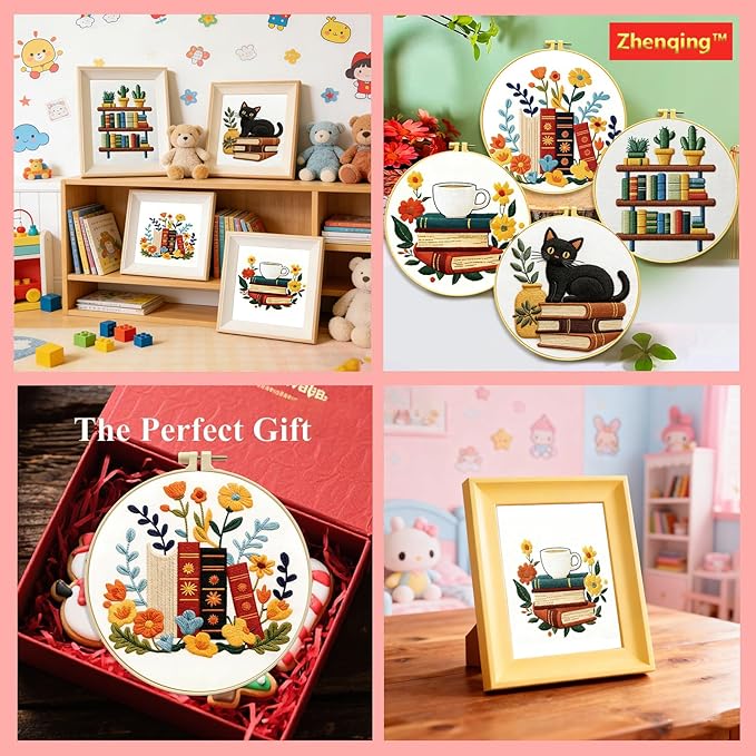 Zhenqing 4 Bookshelf Scenes Embroidery Kit for Beginners, Pre-Printed 29x29cm Circular Cotton Fabric Set with 20cm Hoop, Reading & Library Themed Designs for Home Decor (C0226)