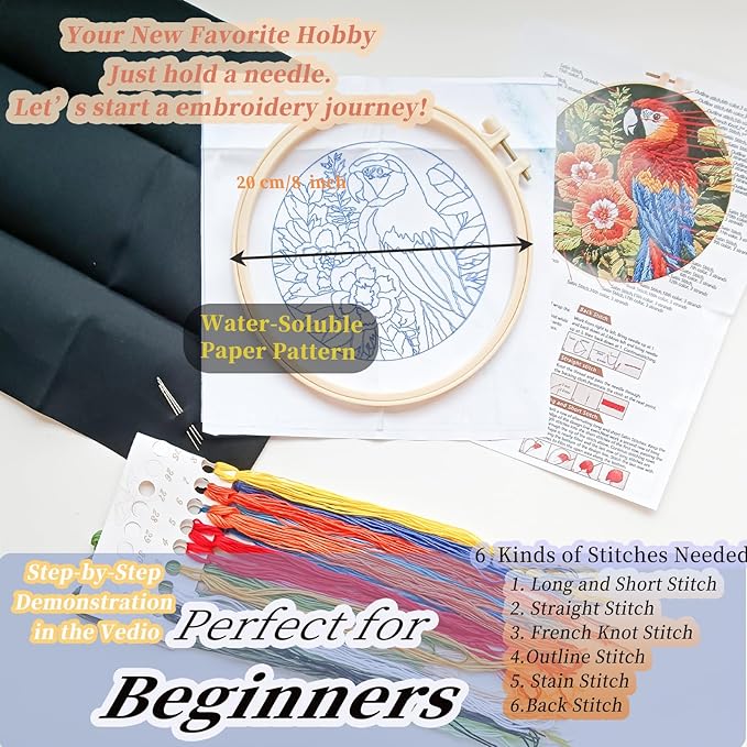 fonnuy embroidery kit for beginners, birds with flowers pre-stamped pattern kits for adults with hoop, easy to follow color thread needlework, 8'' hoop (red parrot)