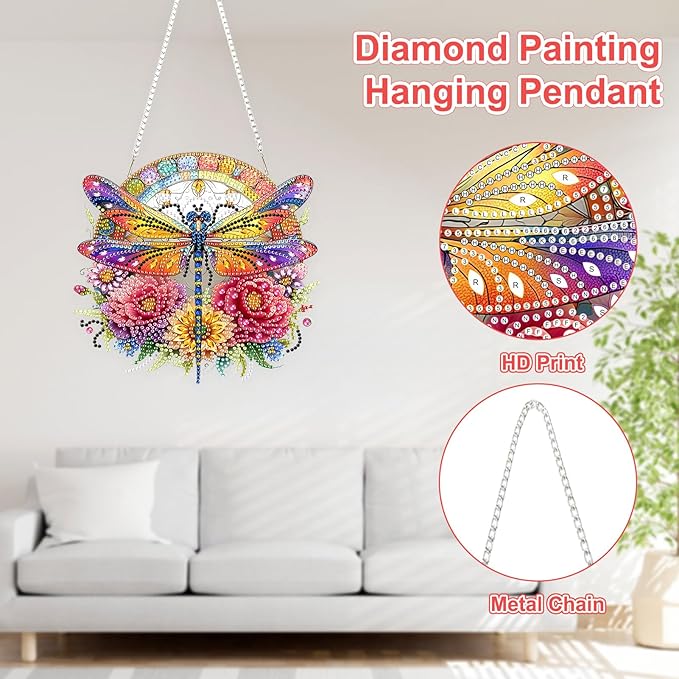 TOSTOG Diamond Art Hanging Kits for Adults, 5D Flowers Diamond Painting for Adults Window Pendant, Special Shape Diamonds DIY Dragonfly Diamond Painting Hanging Pendant Kit for Wall Decor Gift