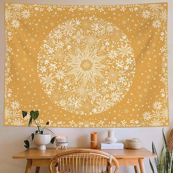 neasow bohemian tapestry wall hanging, orange floral tapestry with dotted daisy medallion print bedroom boho hippie home decor, 60x80 inches