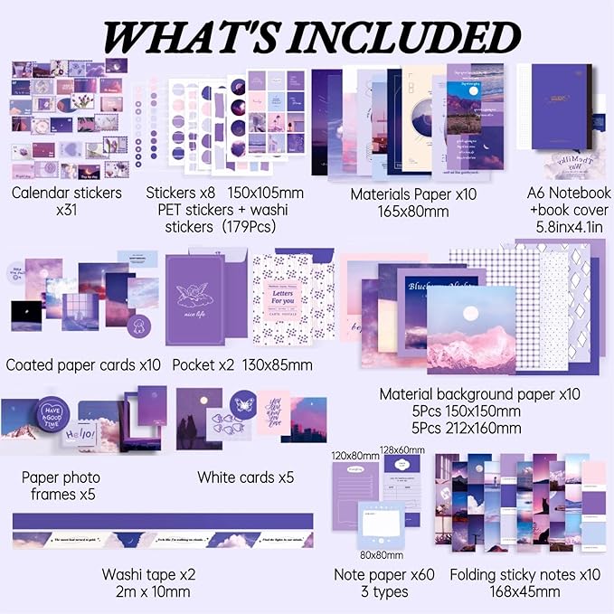 LCLAIDYDY 348 PCS Aesthetic Scrapbook Kit with A6 Grid Notebook, Bullet Junk Journals, DIY Gift Journaling Kit for Teen Girl Women (Moonlight)