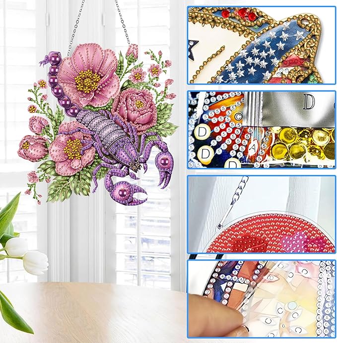 Reofrey Hanging Diamond Art Kits for Adults– 8x8Inch Scorpions Hanging Ornament Acrylic Board Double Sided Pattern Crystal Diamond Art Suncatcher Pendant, for Home Wall Window Decoration Handmade Gift