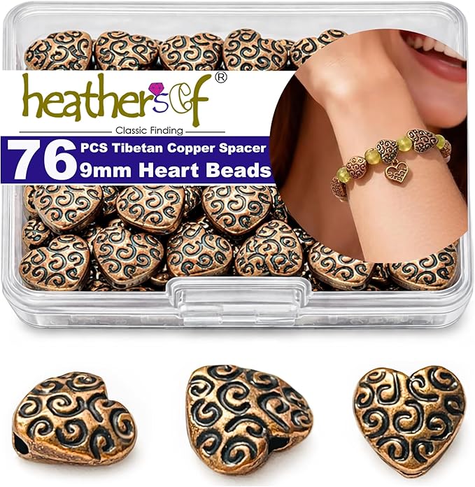Copper Heart Flat Bead Jewelry 76Pcs Spacer Beads Kit Jewelry Findings Beading Assortment DIY Accessories for Bracelet Necklace Jewelry Making 9mm