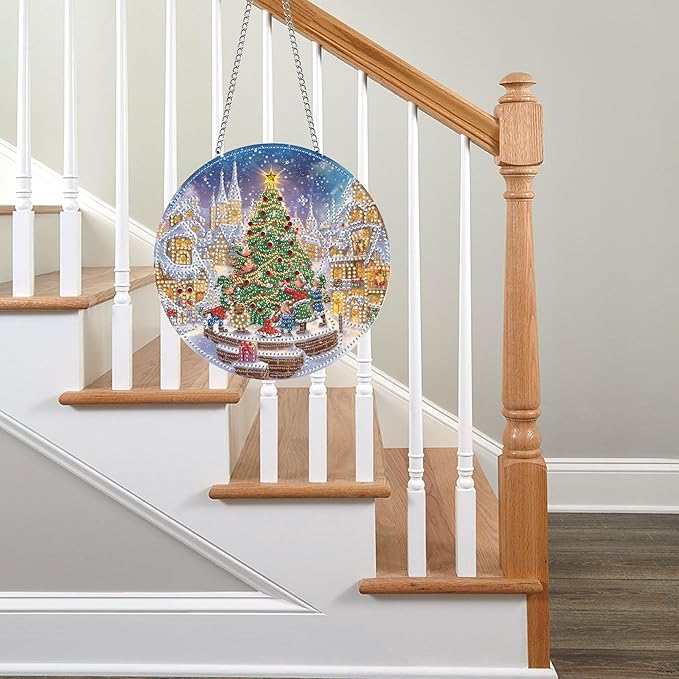 Pavemlo Hanging Diamond Art Kits for Adults Christmas Tree – 8x8 Inch Double-Sided Acrylic Board DIY Crystal Diamond Suncatcher Pendant, Sparkling Home Wall or Window Decoration Handmade Gifts