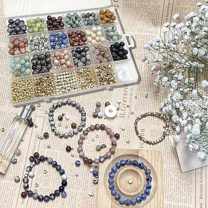 Jewelry Making Supplies Kits Natural Stone Beads Round Gemstone Beading with Spacer for DIY Craft Bracelet Necklace Earrings for Adults (8mm)