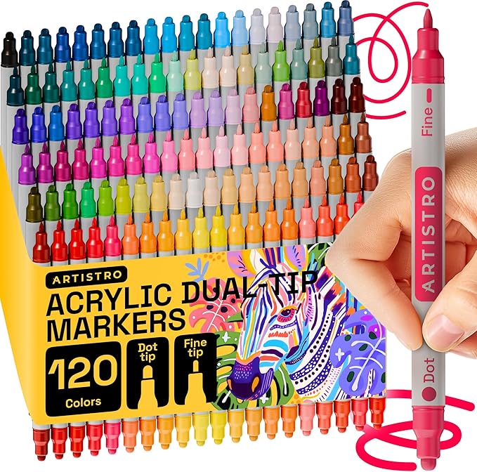 ARTISTRO 120 Acrylic Paint Markers for Rock, Fabric, Wood, Glass, Eggs - Dual-Tip Paint Pens for Coloring Books for Adults, Teens, Kids - Art & Craft Supplies - Gift Idea - Easter Basket Stuffers