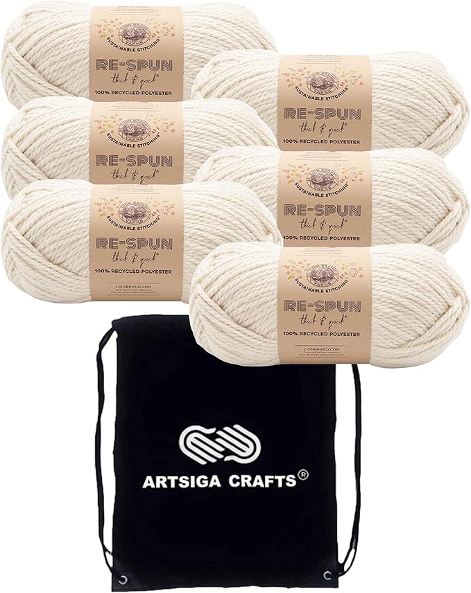 Lion Brand Re Spun Thick & Quick Whipped Cream 843-098 (6-Skeins - Same Dye Lot) Weight S Bulky #6 Polyester Yarn for Crocheting and Knitting with Project Bag