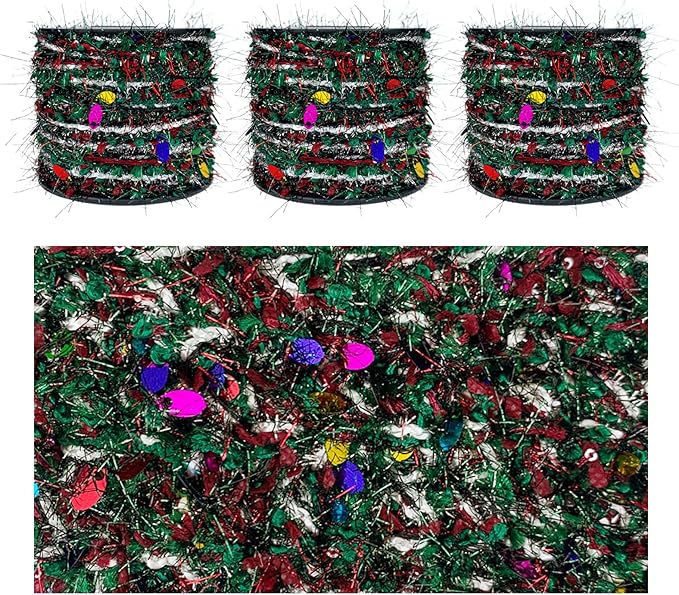 Artisanal Yarn Collection Multifiber Fancy Yarn with Colorful Sequins for Knitting Crocheting Crafts DIY, Set of 3 Rolls (Christmas Green)
