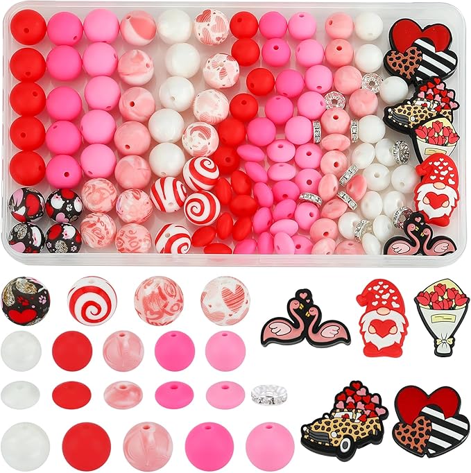 121 Pcs Valentines Day Themed 12mm 15mm Silicone Beads Kit for Keychain Making Heart Beads Round Focal Beads for Pens Bracelets Necklace DIY Crafts Jewelry Making