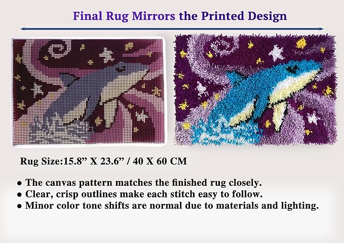 KitsMaster Whimsical Whale in Dream Latch Hook Kit, Galaxy-Inspired Home Décor, All-in-One DIY Rug Making Kit for Adults & Beginners 23.6''x15.8'' (Whale's Dream)