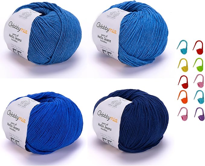 Cotton Yarn Kit - 4 Multicolor Balls Soft Sport Weight Yarn for Crochet & Amigurumi - 50g / 175yds Each & 10 Stitch Markers (H21 - Dark Blue)