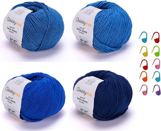 Cotton Yarn Kit - 4 Multicolor Balls Soft Sport Weight Yarn for Crochet & Amigurumi - 50g / 175yds Each & 10 Stitch Markers (H21 - Dark Blue)