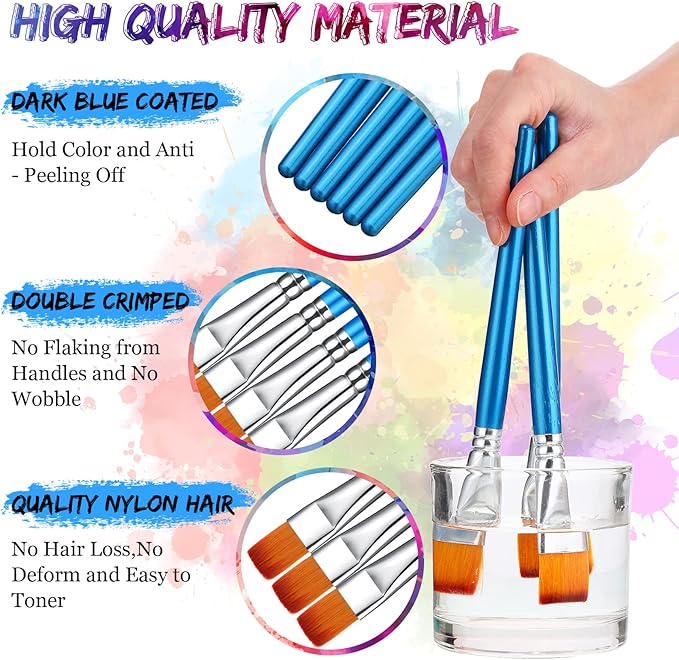 Sherr 48 Pcs Paint Brush Set Bulk Acrylic Brush Wood Paint for Detail Art Crafts Kids Artist Adult Watercolor Oil Face Body(1, 0.75, 0.5, 0.25 Inch,Flat Style)