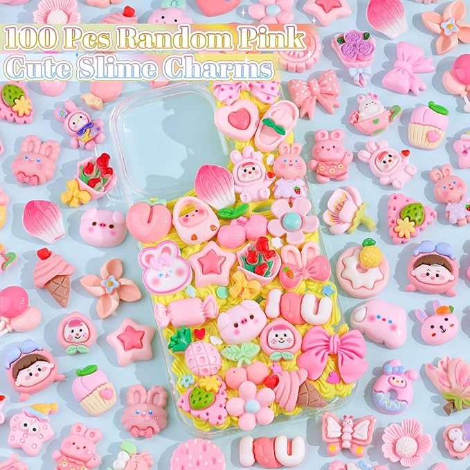 100PCS Pink Slime Charms Cute Flatback Resin Charms for Slime, Random Kawaii Decoden Charm for Embellishments Phone Junk Case Charms Bulk, Hairpins Scrapbooking Crafting & DIY Decoration