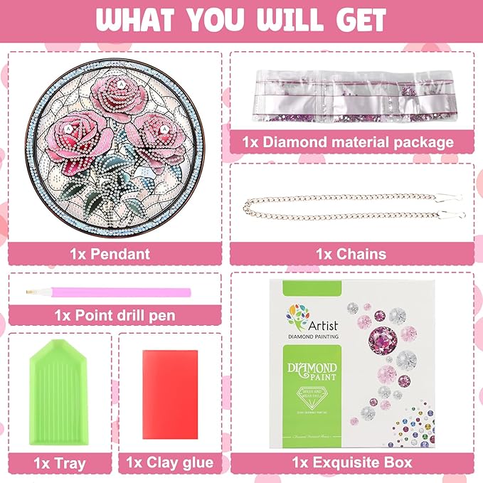 NAIMOER Diamond Art Hanging Kits for Adults Rose 5D Special Shaped Rhinestone, DIY Acrylic Diamond Art Painting Window Pendants Home Garden Wall Hanging Ornament Kits, Double Sided