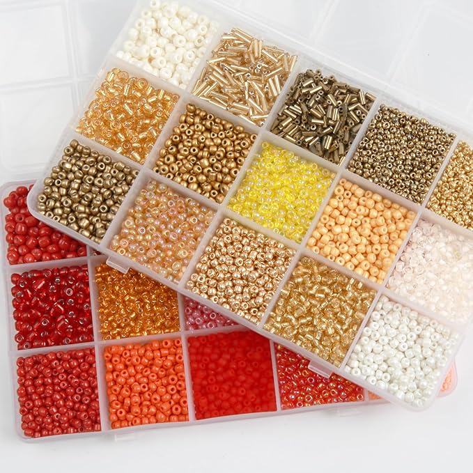 GTAAOY Mix 15 Color Glass Seed Beads, Glass Bugle Beads Tube Beads for Adults, Bracelet Bead Boards, Tweezers,Elastic Sting for Jewelry Making(Mix Size,Gold)