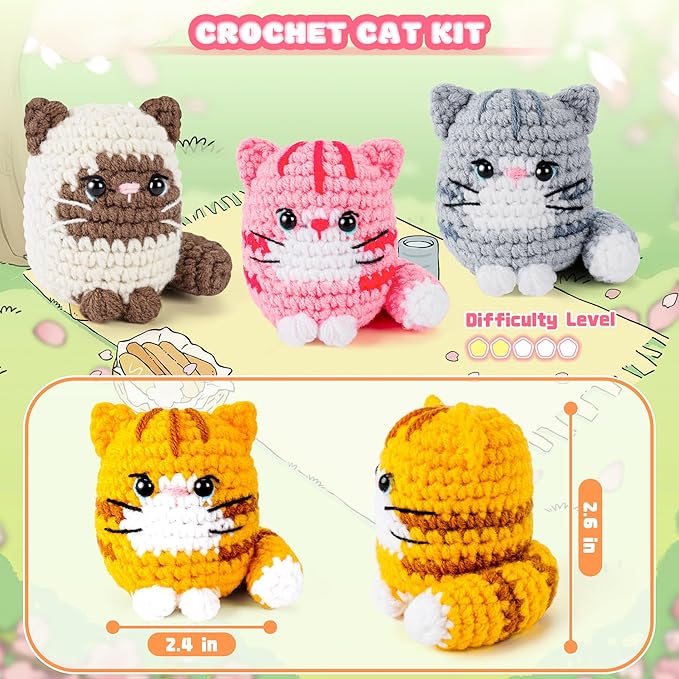 Crochet Kit for Beginners -4 PCS Cat Crochet Kit with Step-by-Step Video Tutorials, Learn to Crochet Kits for Adults, Beginner Crochet Kits for Adults, Animals Cat Crafts Knitting Kit Galentines Gifts