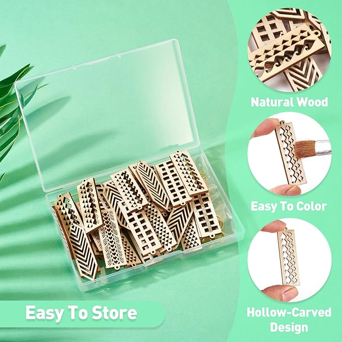 Elecrelive 30pcs Rectangle Wooden Earring Charms Unfinished Wood Filigree Charms & Earring Hooks Jump Rings Ear Nuts for DIY Earring Necklace Jewelry Making