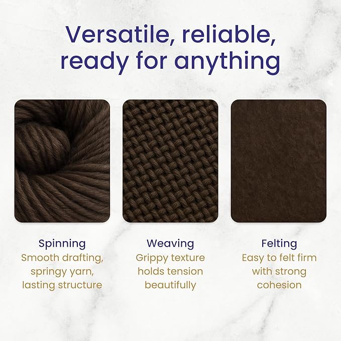 Revolution Fibers Corriedale Wool Roving 1 lb (16 Ounces) for Spinning | Soft Chunky Jumbo Yarn for Arm Knitting Blanket |100% Natural Undyed Wool Yarn Bulk, Felting Core, Carded Stuffing (Brown)