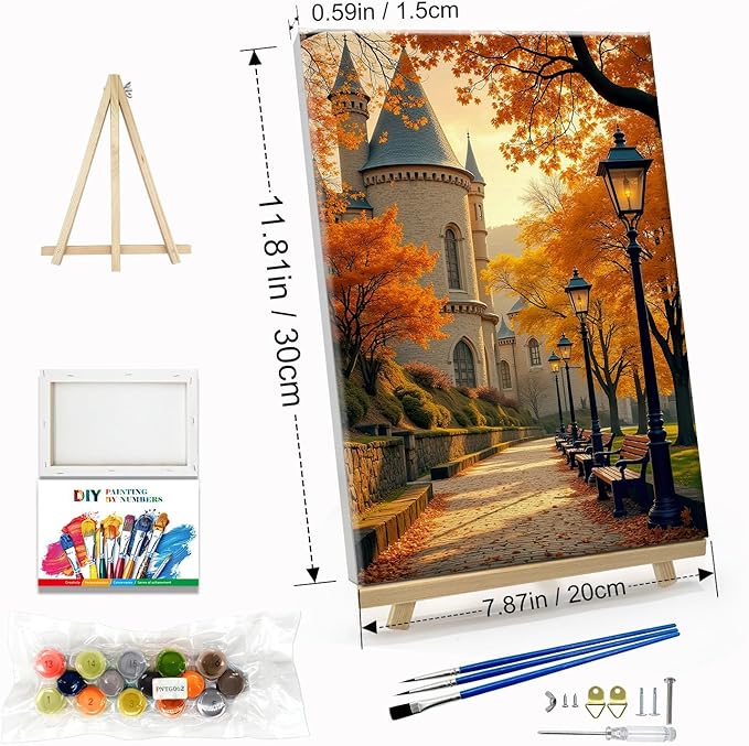 JOOZ Paint by Numbers Kit for Adults with Frame Autumn Landscape Paint by Number with Easel Castle Adult Paint by Number Kits Framed Canvas Fall Leaves Oil Painting Kits for Home Wall Decor 8x12 Inch