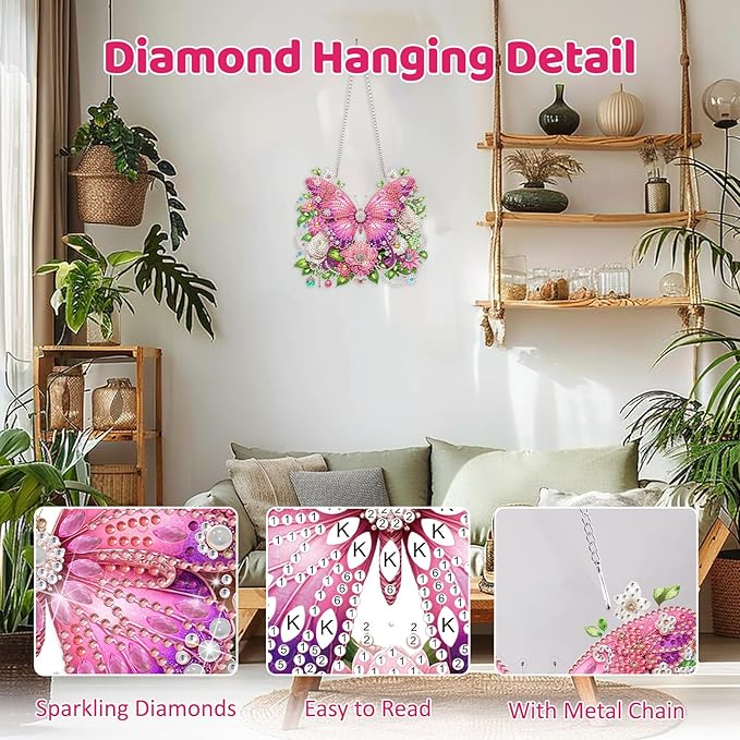 MEIYUDA Butterfly Diamond Art Hanging Kits for Adult, Flowers Butterfly Diamond Painting Hanging Kits Ornaments, DIY Special Shaped Rhinestone Window Pendants kit for Home Garden Wall Decor Gift