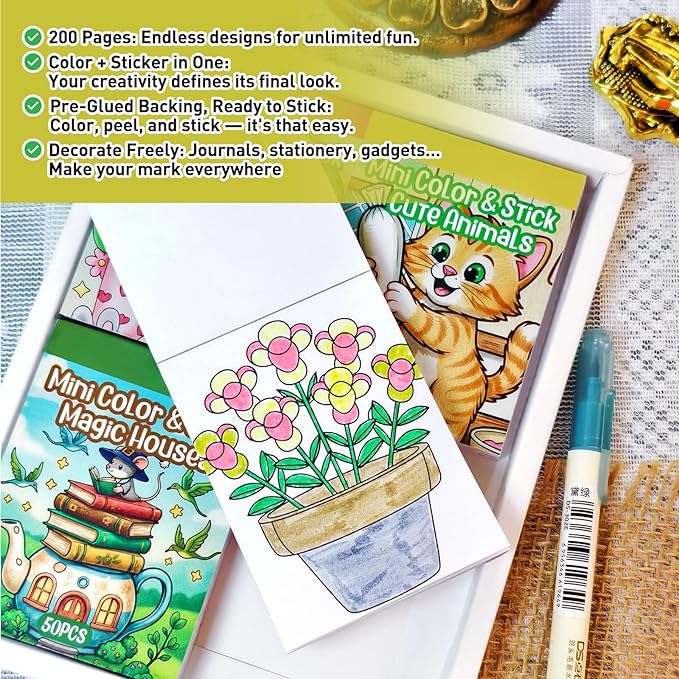 Bomichi Women's Mini Coloring Book, 4 Pack 3.1 x2.1 inches Small Coloring Sticker Book for Adult to Relax and Relieve Anxiety