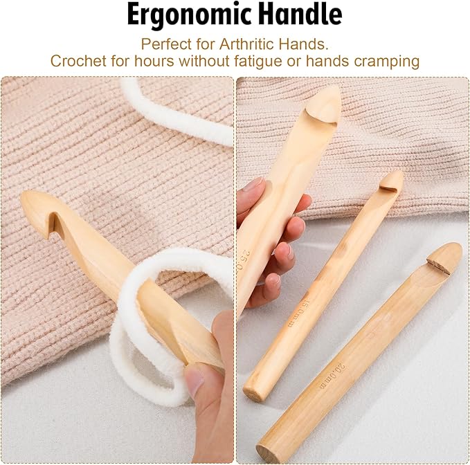 3 PCS Large Wooden Crochet Hooks for Chunky Yarn, Giant Bamboo Jumbo Ergonomic Crochet Hook Set, Inline Crochets Needles Kit for Crochets Thick Blankets Carpeting Sweater Hat (15mm 20mm 25mm)
