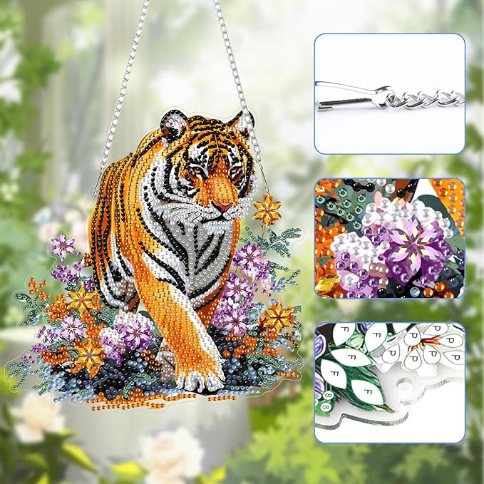 Lxmsja DIY Tiger Diamond Painting Hanging Ornament, Double-Sided Acrylic Lush Greenery Diamond Art Kit, Special Shaped Suncatcher Hanging Pendant Window Art Kit 8x8 inch
