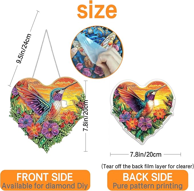 Ginfonr Diamond Painting Kits Hanging Pendant, Hummingbird Diamond Art Kits for Adults, Special Shaped Rhinestone Landscape Diamond Art, Double Sided Hanging Kits for Garden Wall Window 8 x 8 inch