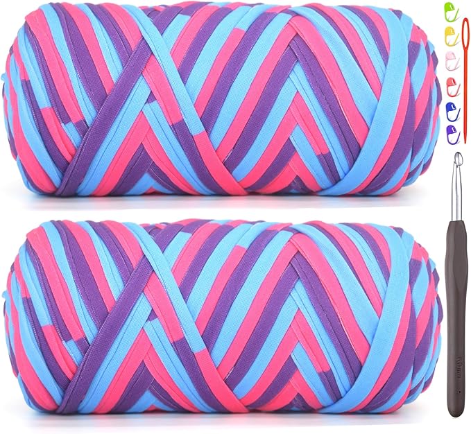 2 Pack Tshirt Yarn for Crocheting,Rainbow T Shirt Chunky Fabric Thick T-Shirt Crochet Yarn for Beginners Crocheting Hand Knitting Bag/Basket/Coasters/DIY Crafts/Home Decor 2 * 200G-Blue Pink Purple