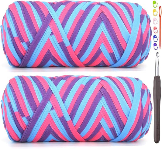 2 Pack Tshirt Yarn for Crocheting,Rainbow T Shirt Chunky Fabric Thick T-Shirt Crochet Yarn for Beginners Crocheting Hand Knitting Bag/Basket/Coasters/DIY Crafts/Home Decor 2 * 200G-Blue Pink Purple