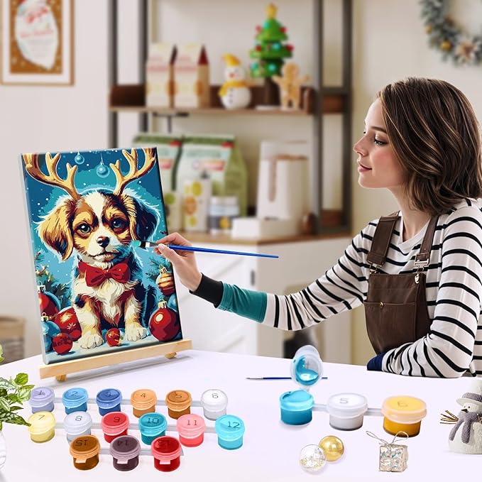 JOOZ Christmas Paint by Numbers Kit for Adults Framed Dog Paint by Number with Easel Christmas Ball Adult Paint by Number Kits Framed Canvas DIY Oil Painting Kits for Home Wall Decor 8x12 Inch