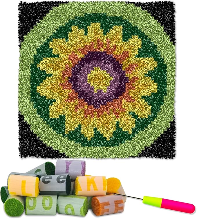 YP Sunflower Latch Hook Rug Kit for Adults Beginners - 12x12 Inch DIY Craft Crochet Rug, Beginner-Friendly Art Project for Home Decor, Easy-to-Make Needlecraft Kit