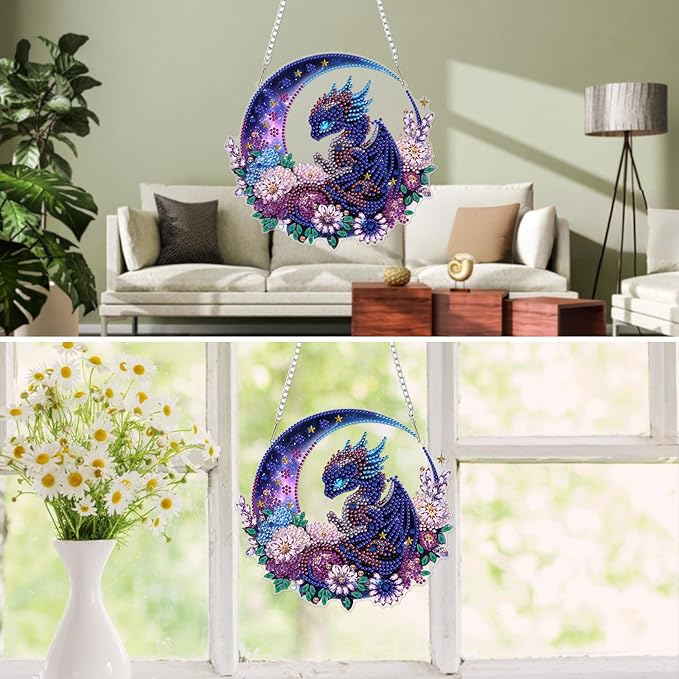 MXJSUA Blue Dragon Diamond Art Hanging Kits for Adults Beginners, Crystal Diamond Suncatchers, Special Shape Diamond Painting Pendant Window Ornament Gifts for Home Garden Door Wall Decor