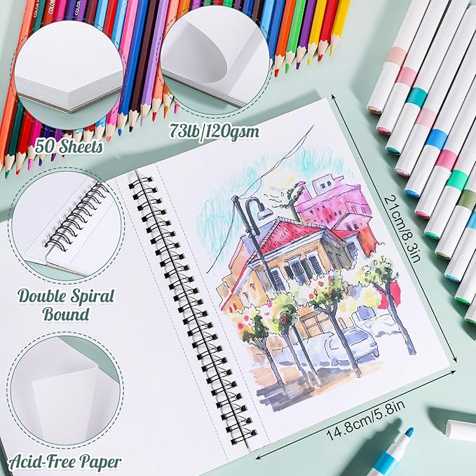 50 Sheets Marker Paper Pad, 5.8×8.3 Inch Bleedproof Art Sketch Pad, 73lb/120gsm Drawing Paper Spiral Sketch Book, Painting Coloring Alcohol Marker Paper for Beginners, Artists, Gift