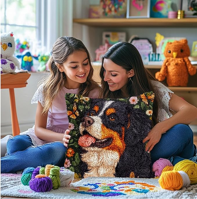 DIY Latch Hook Pillow Kits for Adults Bernese Mountain Dog and Butterfly Printed Pillowcase Crochet Yarns Hooking Handmade Pillow Cover Cushion for Home Sofa Decoration 17x17inch(3)