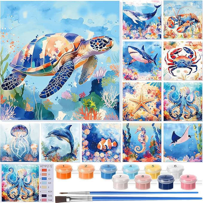 Nezyo 12 Sets Paint by Numbers Kit with Frame for Adult Beginners, Paint by Number DIY Acrylic Painting Canvas for Painting Party, Classroom Activity Birthday Gift, 8 x 8 Inch