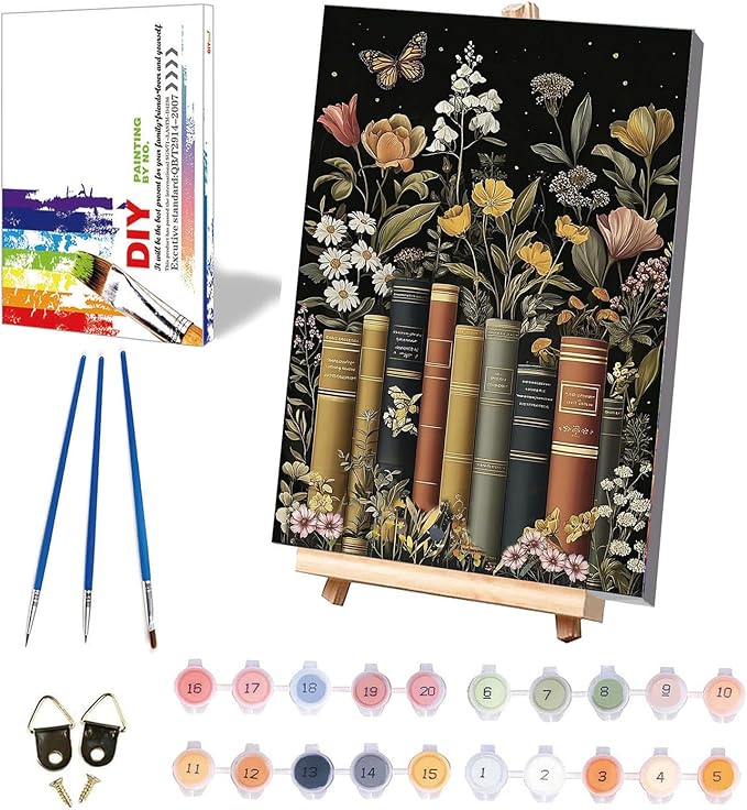 xackcme Book Paint by Numbers for Adults with Framed Canvas - with Wooden Easel, Flowers Paint by Number on Canvas, DIY Books Acrylic Oil Painting Kits with Brushes for Home Wall Decor (8x12 inch)