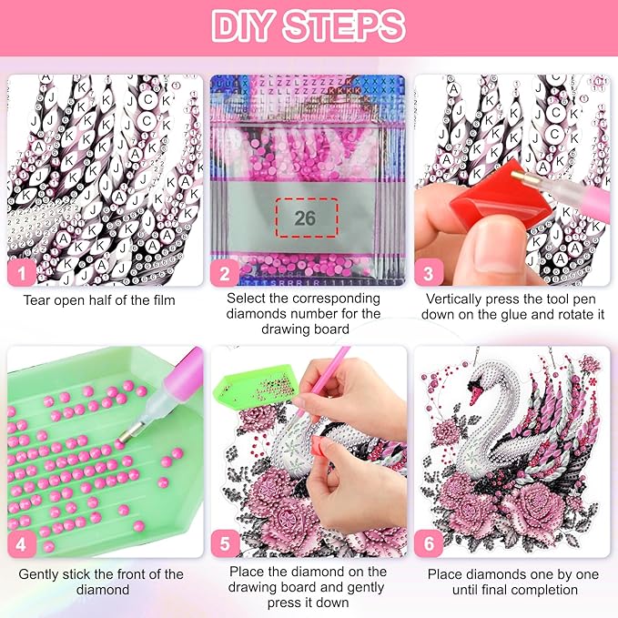 QENSPE Diamond Art Hanging Kits for Adults, 5D Swan Special Shape Diamond Paingting Ornaments with Chain, DIY Pink Rose Crystal Window Pendants for Home Wall Decor Double Sided 8X8 inch