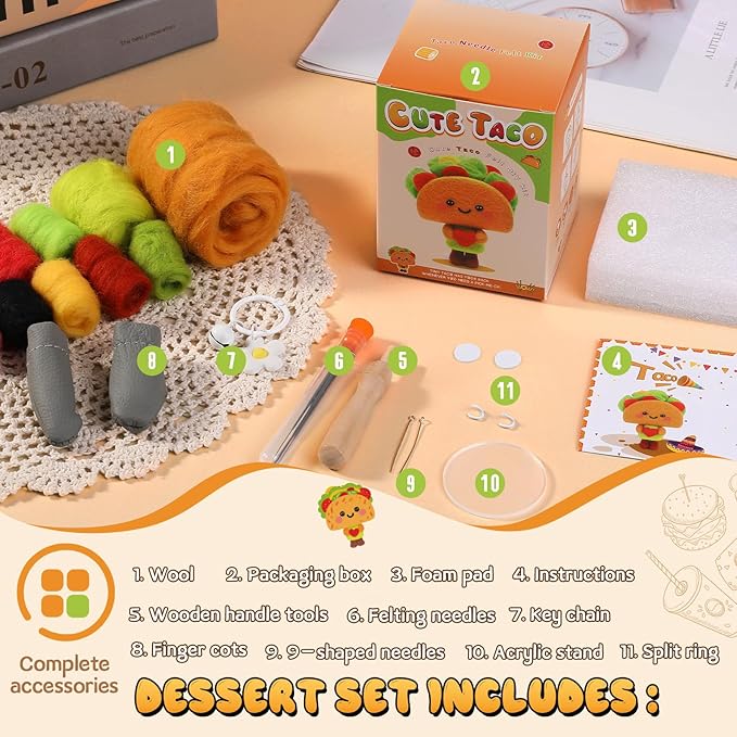 Yizzvb Needle Felting Kit, Cute Taco Felting Kit for Beginners Adult Including Instruction Wool Roving Foam Pad Needles DIY Craft Home Decoration Craft Party Supplies for Art Work Starter Beginners