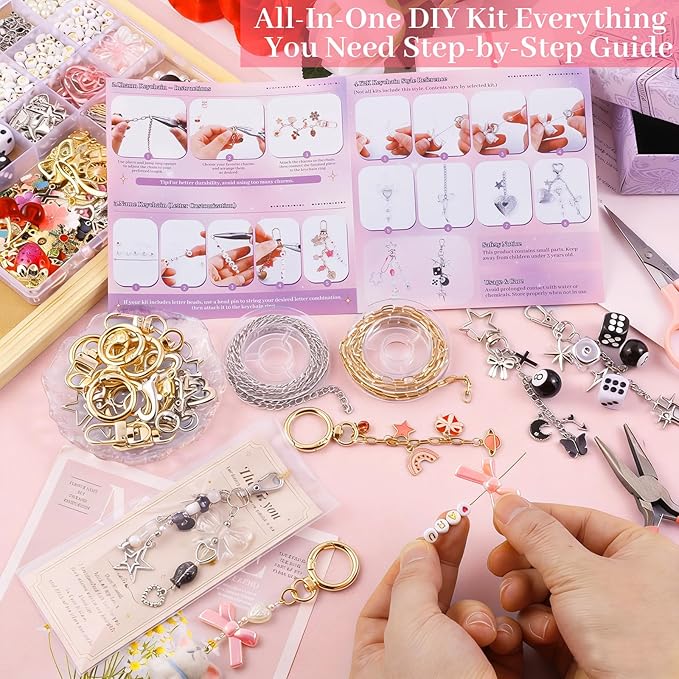 Wurosi 945 Pcs Bag Charm Kit, Charms Lip Gloss Keychain Making Kit, Beaded Keychain Making Kit, Y2K Keychains, 8 Ball Dice Charm Keychains, DIY Customizable Crafts Key Chains(Gold & Silver)