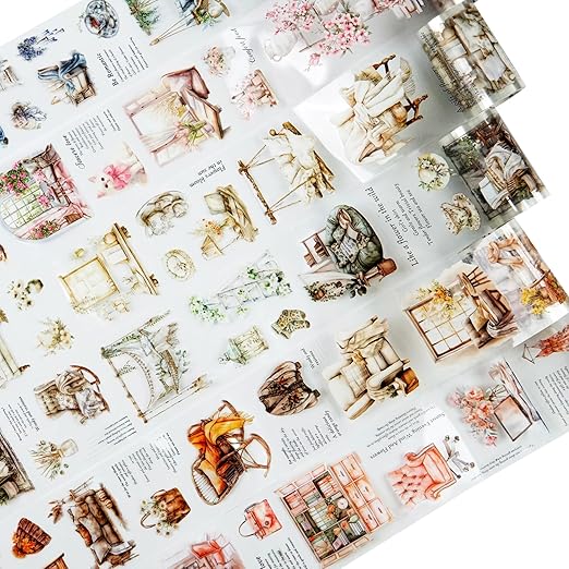 Cozy Home-Themed PET Tape Set, 6 Rolls Pre-Cut Scrapbook Stickers for Journal Supplies, Planner, DIY Crafts, and Gift Wrapping