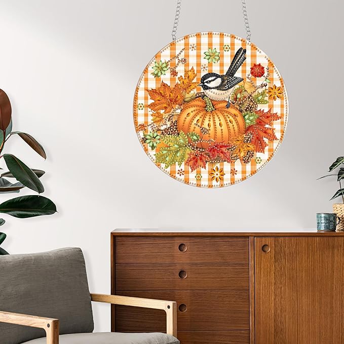 Reofrey Hanging Diamond Art Kits for Adults - 8x8 Inch Thanksgiving Day Acrylic Board Double Sided Pattern Diamond Art Suncatcher Pendant, Crystal Art for Home Wall Window Decoration Handmade Gift