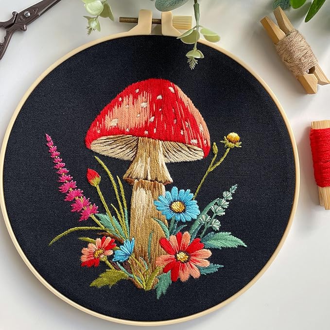 Myfelicity Embroidery Kit with Mushroom Patterns, 3 Hoops, Fabric, Threads, Needles, Instructions (Colorful)
