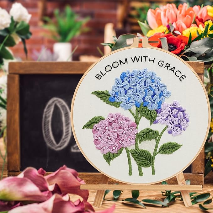 Nuberlic Hydrangea Embroidery Kits for Beginner Adults Cross Stitch Kit with Stamped Pattern Include Cloth Hoops Threads Needles