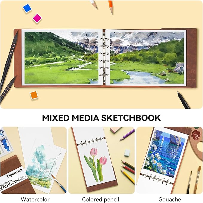 Lightwish Watercolor Sketchbook,100% Cotton 300gsm/140lb Watercolor Journal, Acid Free Cold Press Watercolor Paper for Artists,Adults,Students,20 Sheets,Paper 5.8 * 8.2 Inches