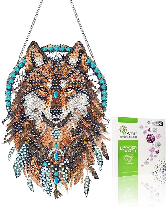 VAIIEYO Wolf Diamond Painting Hanging, Animal Diamond Painting Suncatchers Double Side Window Hanging Kit with Chain, 7.5x7.5 inch Crystal Pendant Art Craft for Gift Home Wall Front Door Decoration